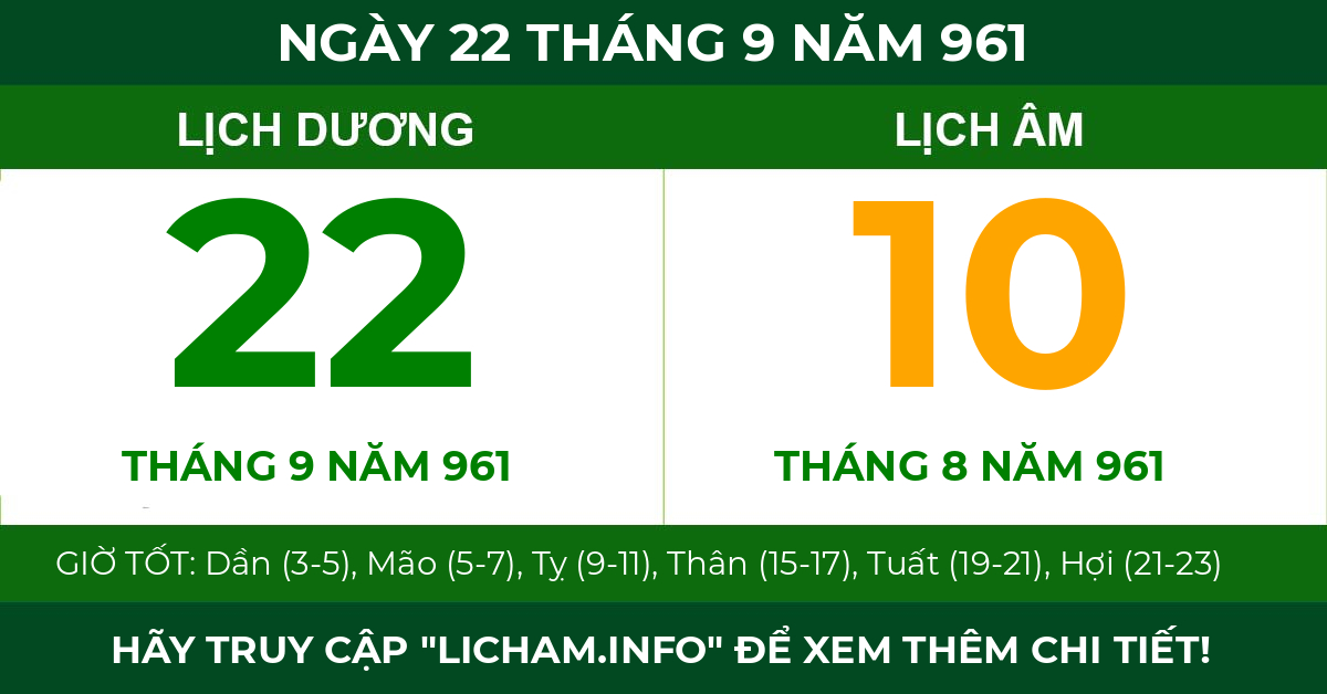 lịch âm ngày 22 tháng 9 năm 961