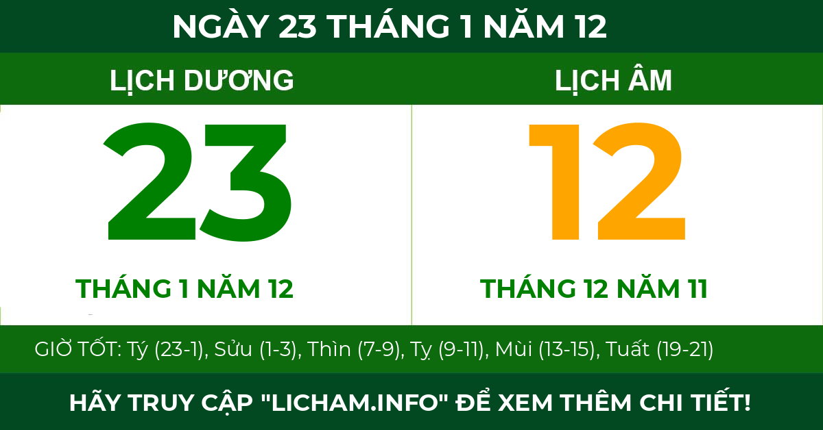 lịch âm ngày 23 tháng 1 năm 12