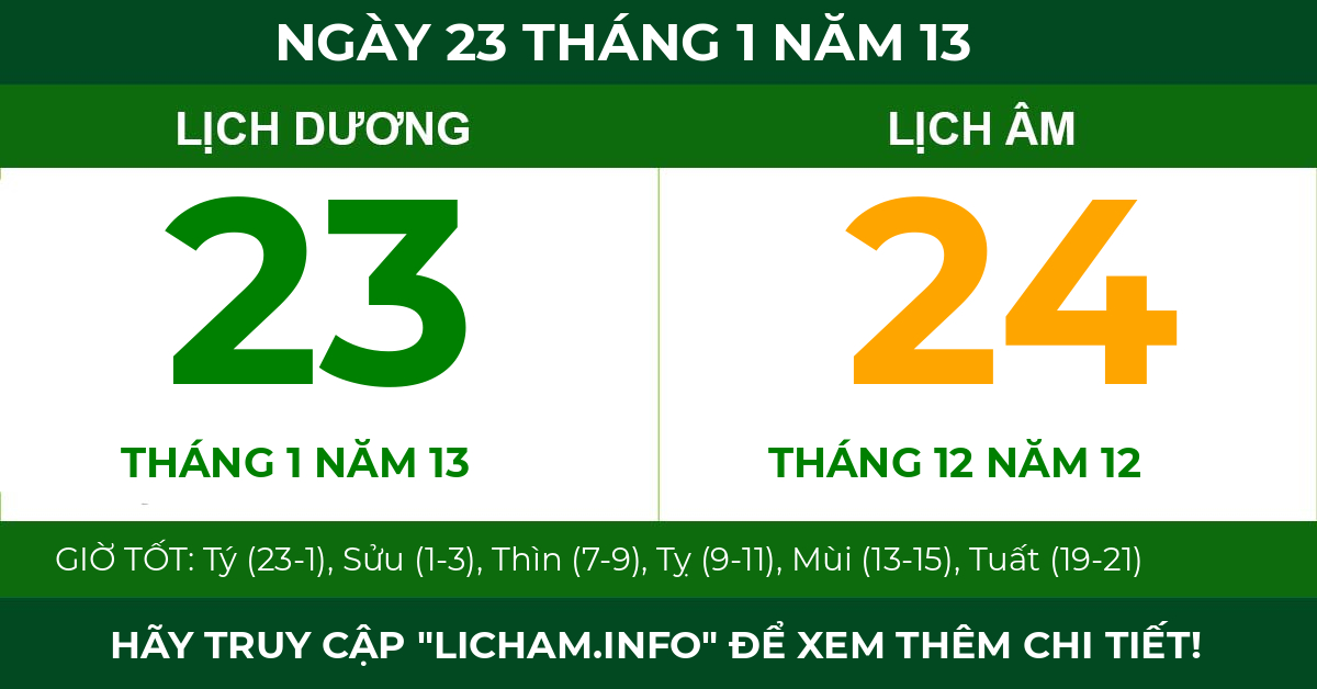 lịch âm ngày 23 tháng 1 năm 13