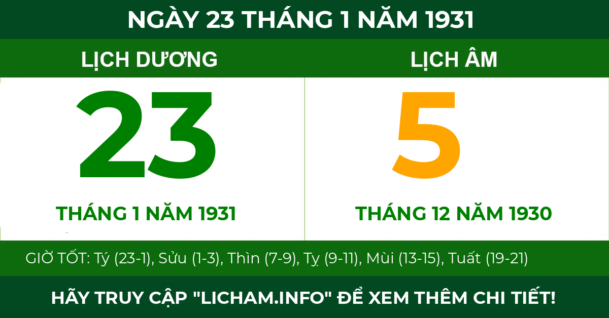lịch âm ngày 23 tháng 1 năm 1931