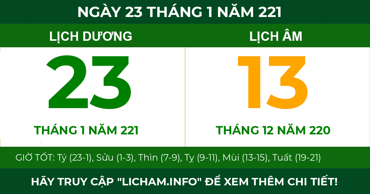 lịch âm ngày 23 tháng 1 năm 221