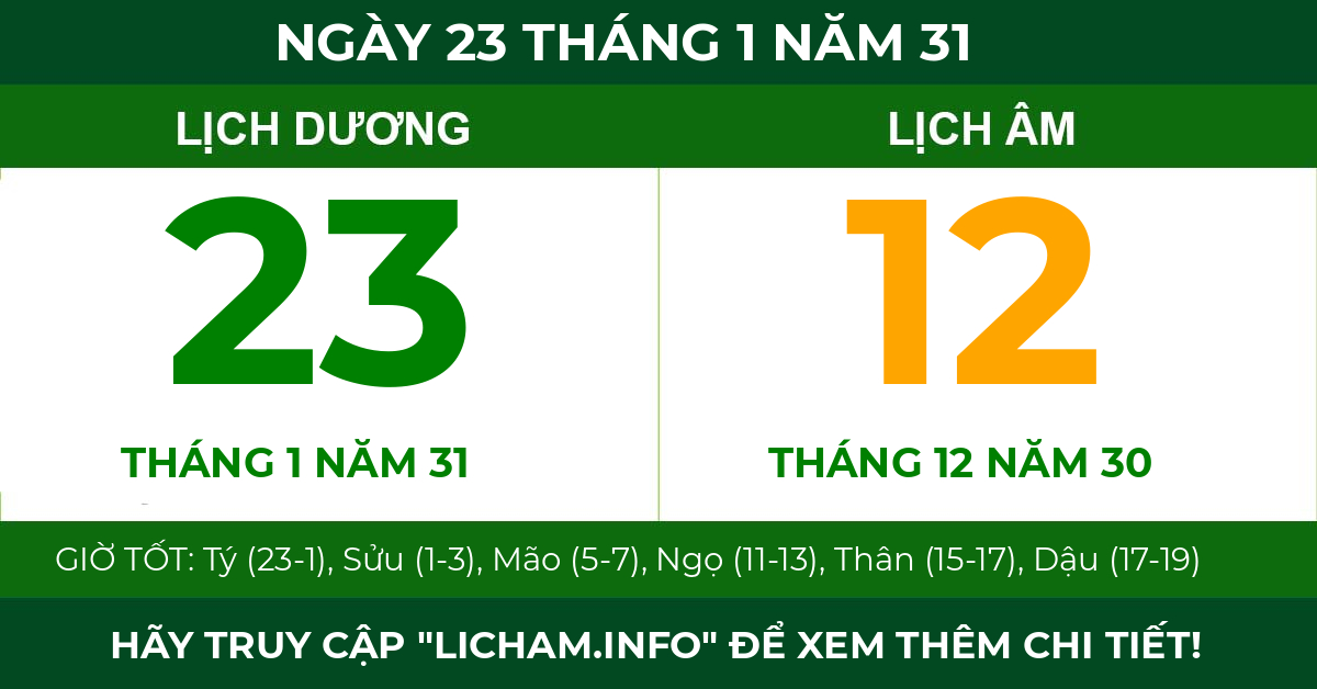 lịch âm ngày 23 tháng 1 năm 31