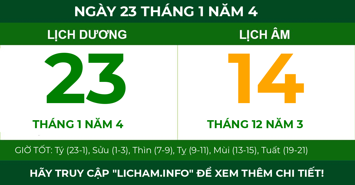 lịch âm ngày 23 tháng 1 năm 4