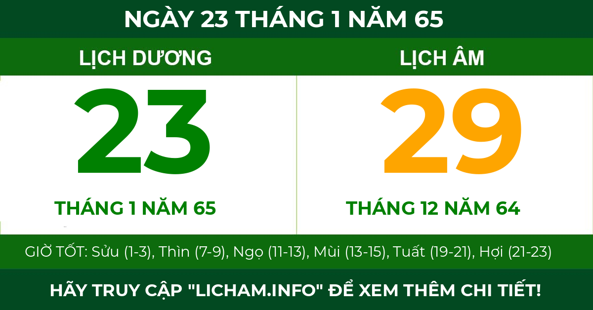 lịch âm ngày 23 tháng 1 năm 65