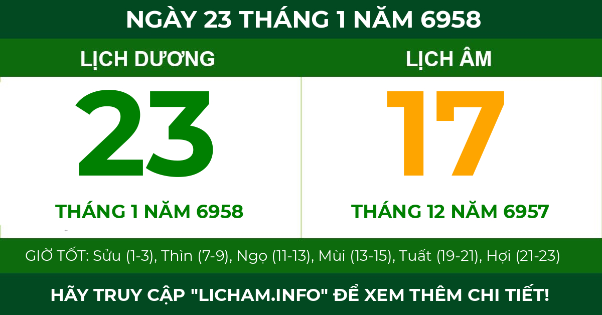 lịch âm ngày 23 tháng 1 năm 6958