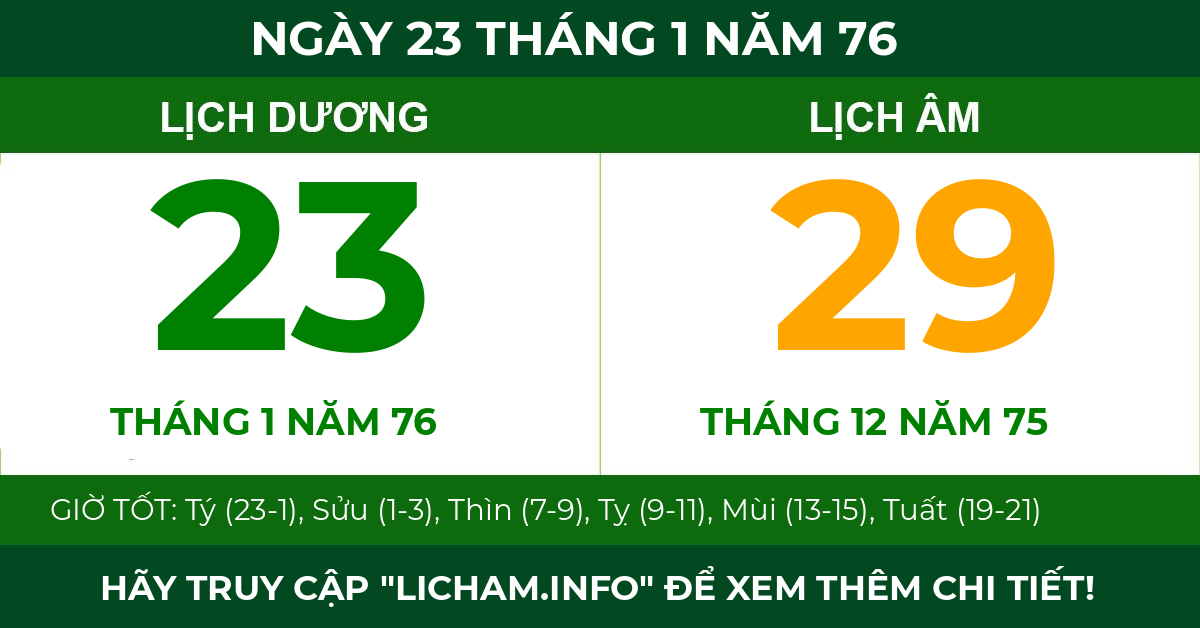 lịch âm ngày 23 tháng 1 năm 76