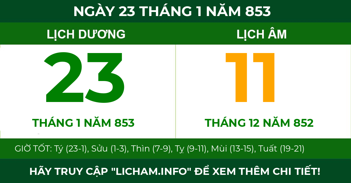 lịch âm ngày 23 tháng 1 năm 853