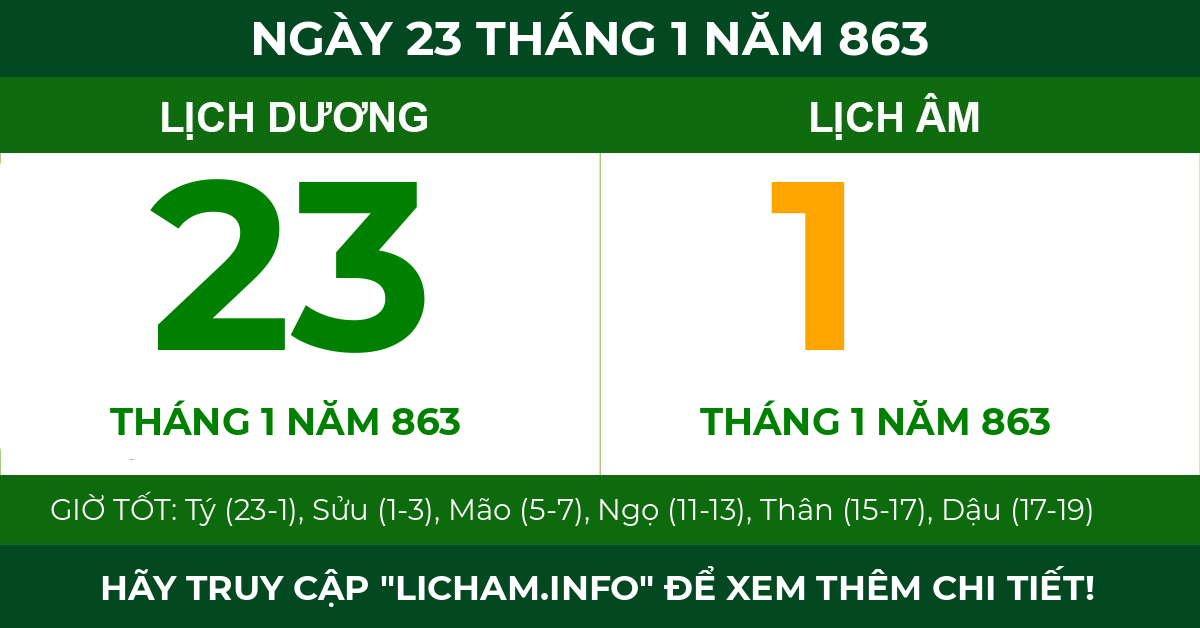 lịch âm ngày 23 tháng 1 năm 863