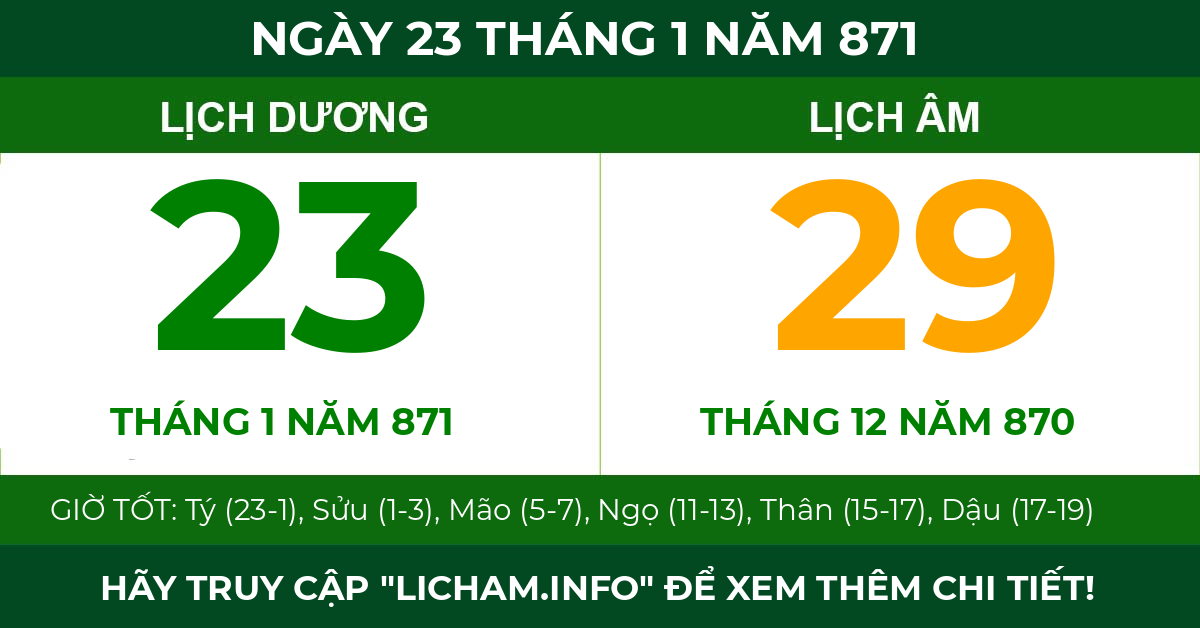 lịch âm ngày 23 tháng 1 năm 871