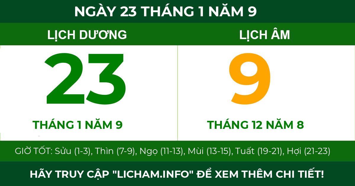 lịch âm ngày 23 tháng 1 năm 9