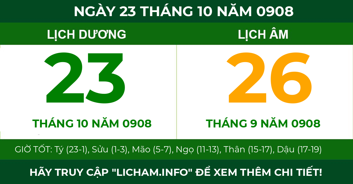 lịch âm ngày 23 tháng 10 năm 0908