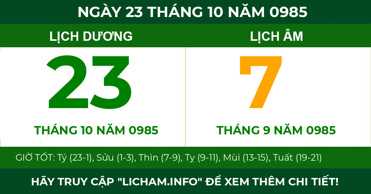 lịch âm ngày 23 tháng 10 năm 0985
