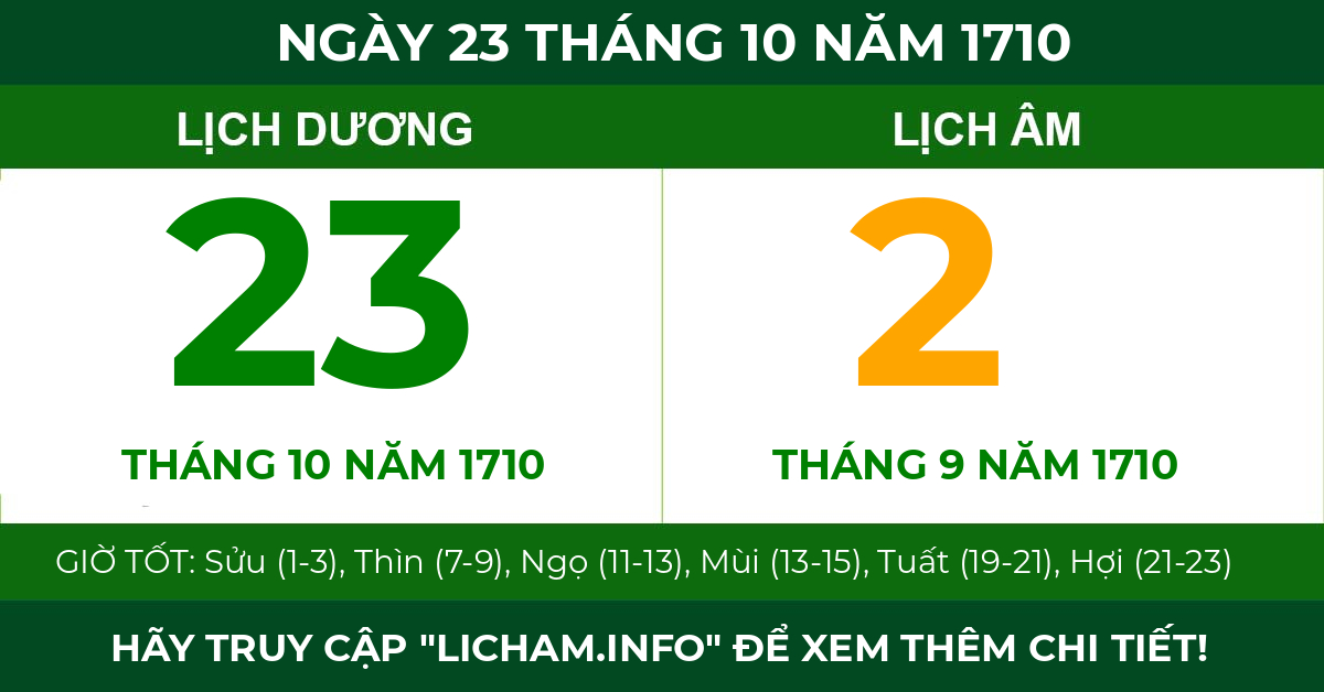 lịch âm ngày 23 tháng 10 năm 1710