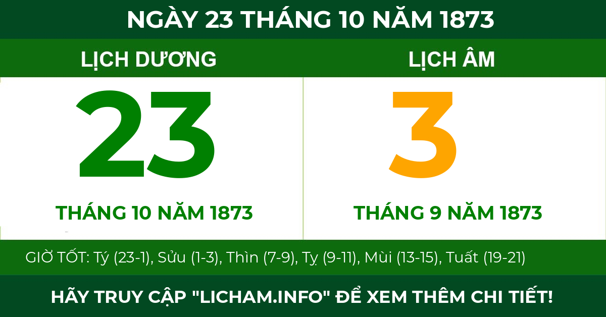 lịch âm ngày 23 tháng 10 năm 1873