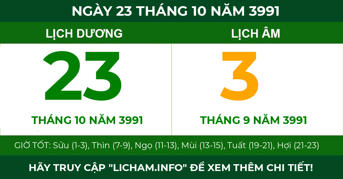 lịch âm ngày 23 tháng 10 năm 3991