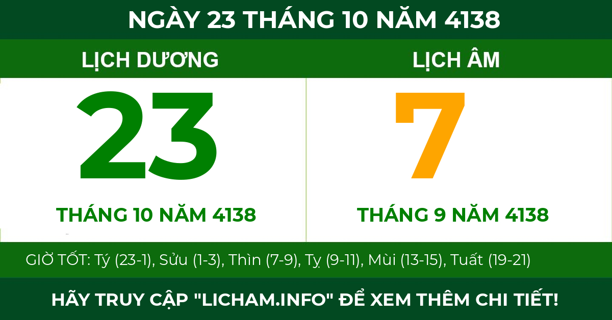 lịch âm ngày 23 tháng 10 năm 4138