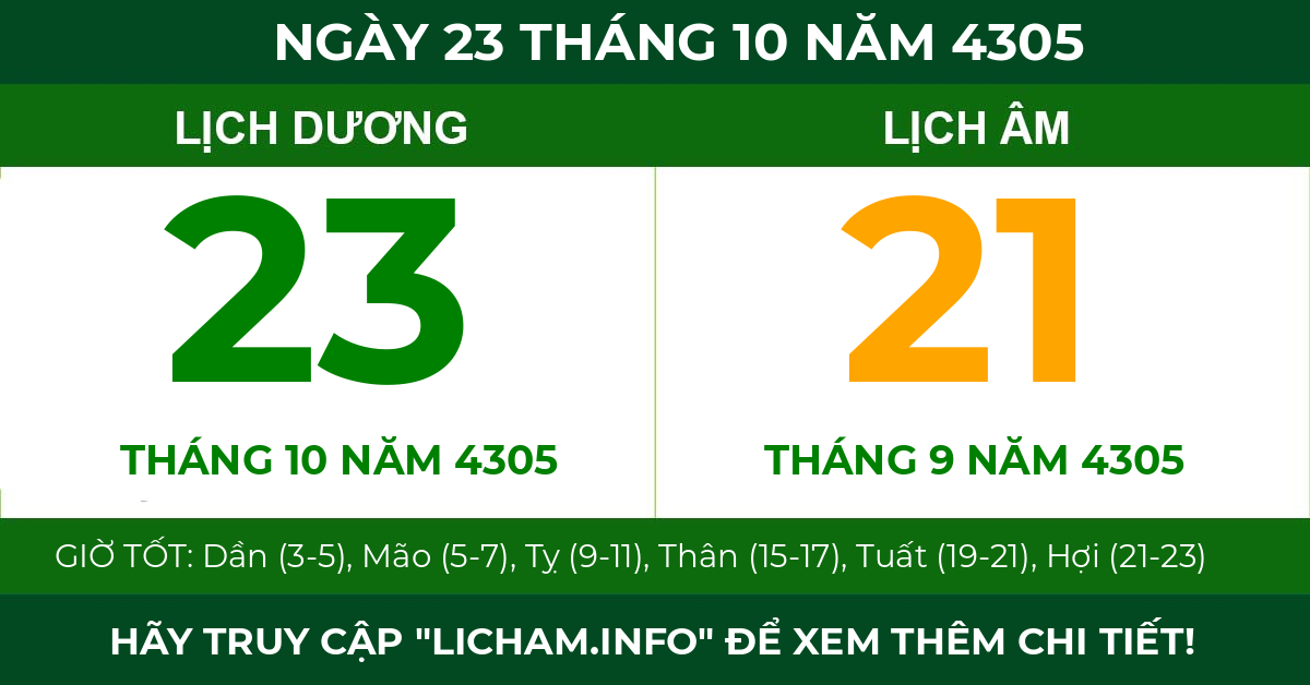 lịch âm ngày 23 tháng 10 năm 4305
