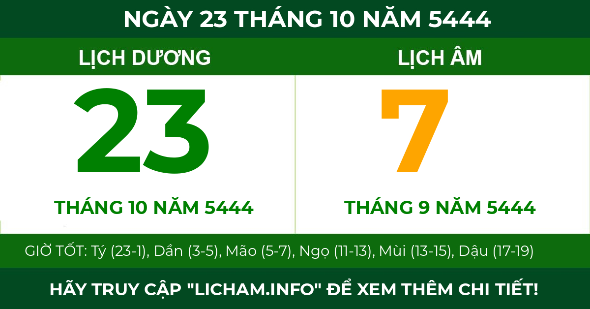 lịch âm ngày 23 tháng 10 năm 5444