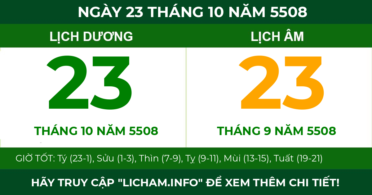 lịch âm ngày 23 tháng 10 năm 5508