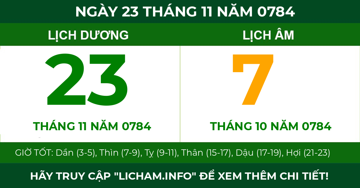 lịch âm ngày 23 tháng 11 năm 0784