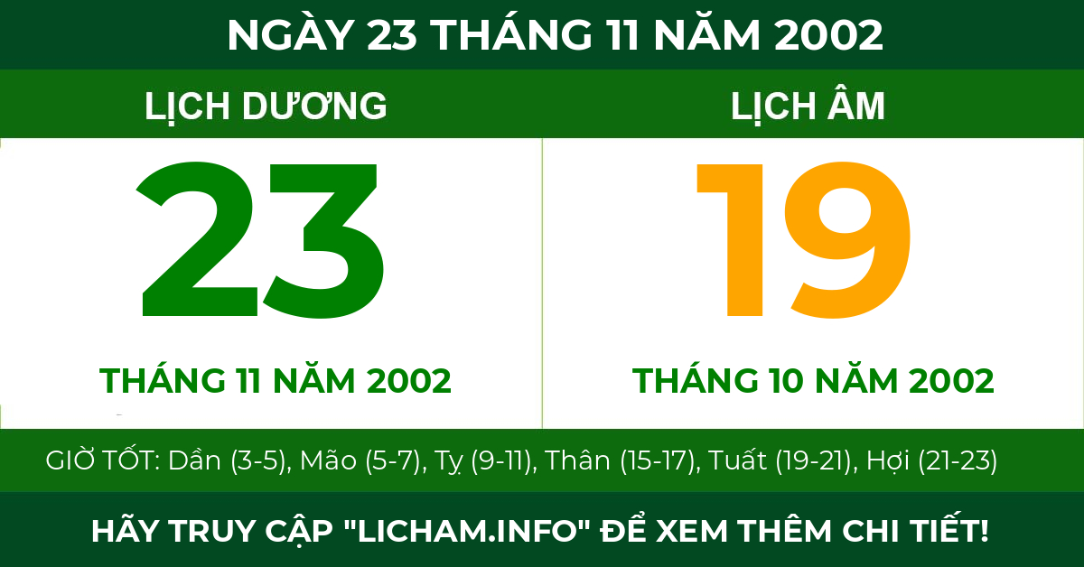 lịch âm ngày 23 tháng 11 năm 2002