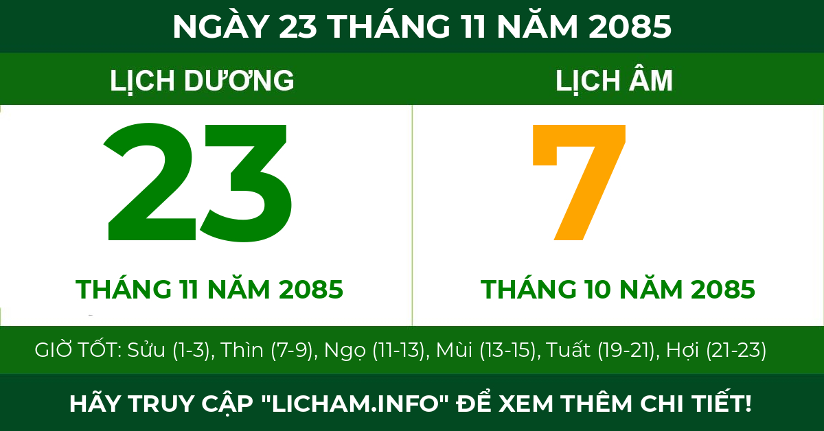 lịch âm ngày 23 tháng 11 năm 2085