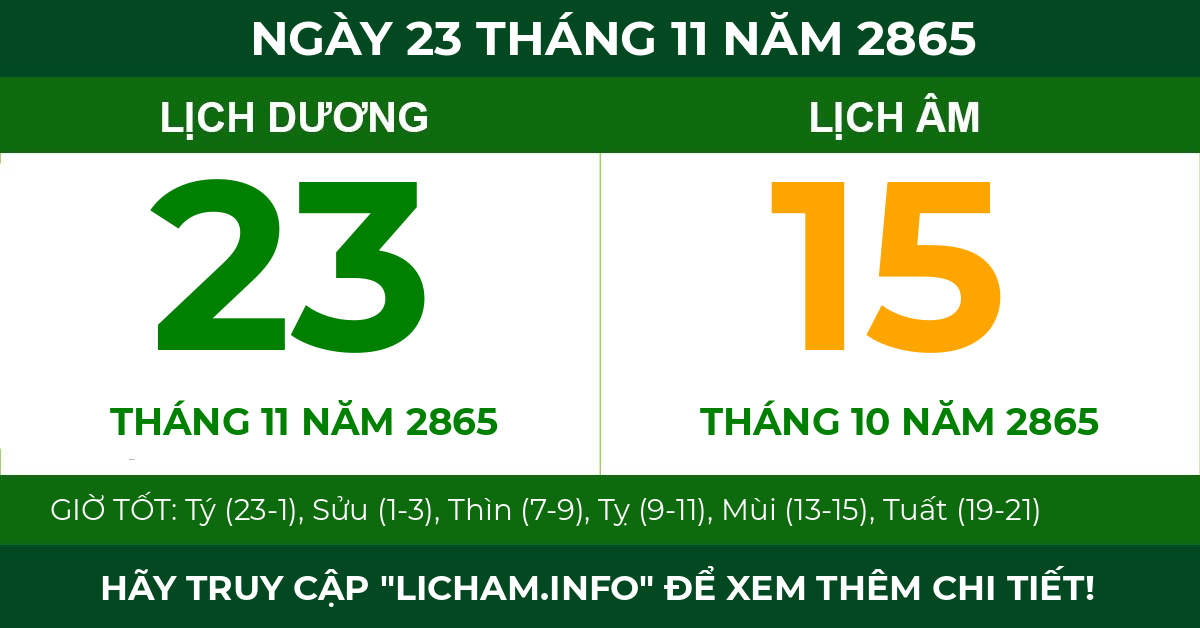 lịch âm ngày 23 tháng 11 năm 2865