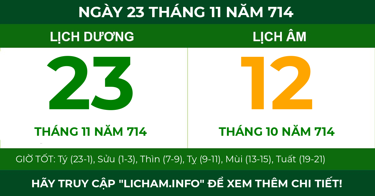 lịch âm ngày 23 tháng 11 năm 714
