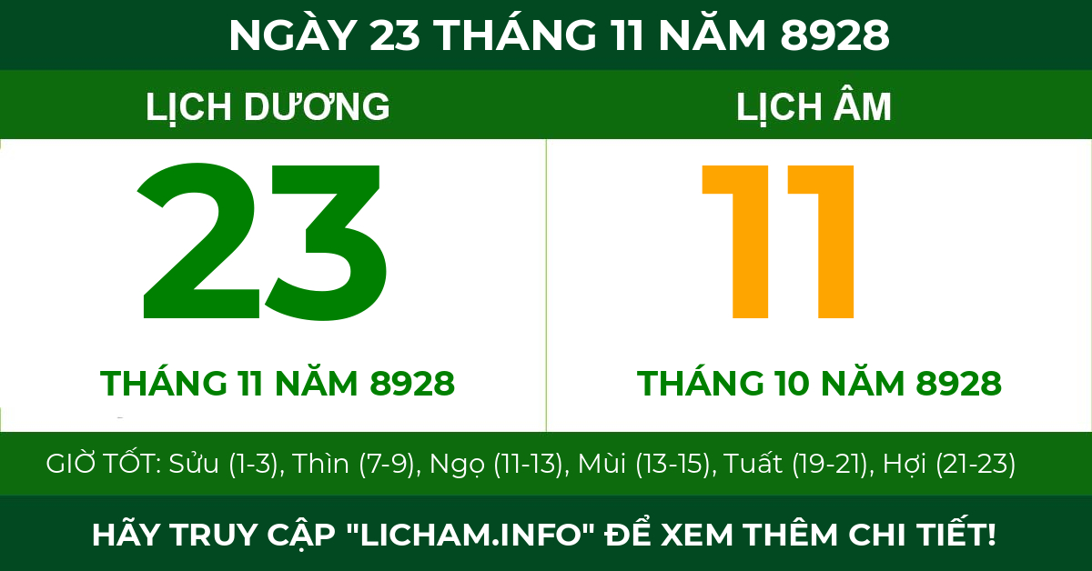 lịch âm ngày 23 tháng 11 năm 8928