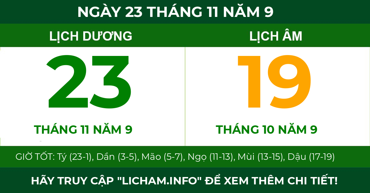 lịch âm ngày 23 tháng 11 năm 9