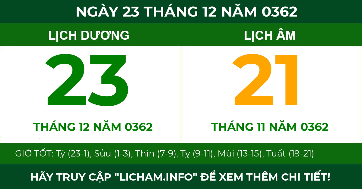 lịch âm ngày 23 tháng 12 năm 0362
