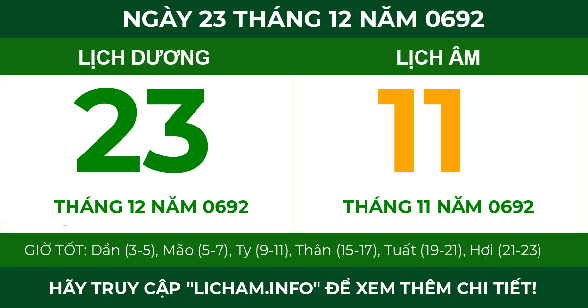 lịch âm ngày 23 tháng 12 năm 0692