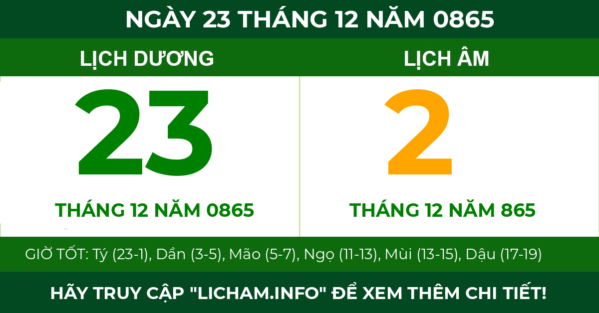 lịch âm ngày 23 tháng 12 năm 0865