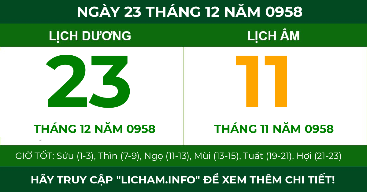 lịch âm ngày 23 tháng 12 năm 0958
