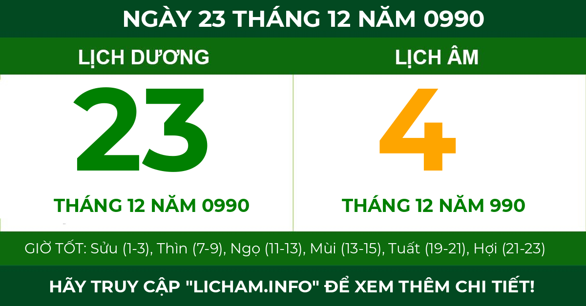 lịch âm ngày 23 tháng 12 năm 0990
