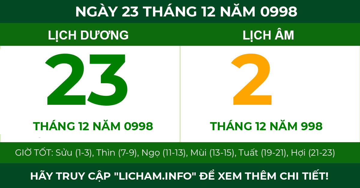 lịch âm ngày 23 tháng 12 năm 0998