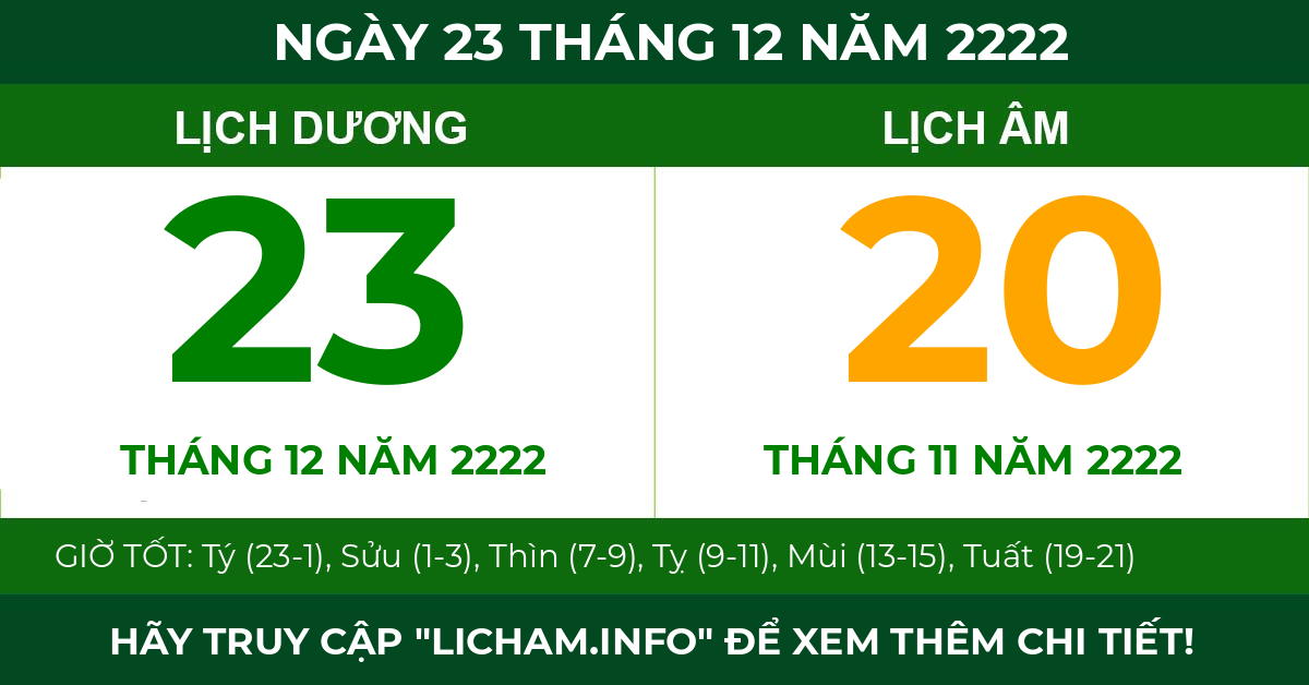 lịch âm ngày 23 tháng 12 năm 2222