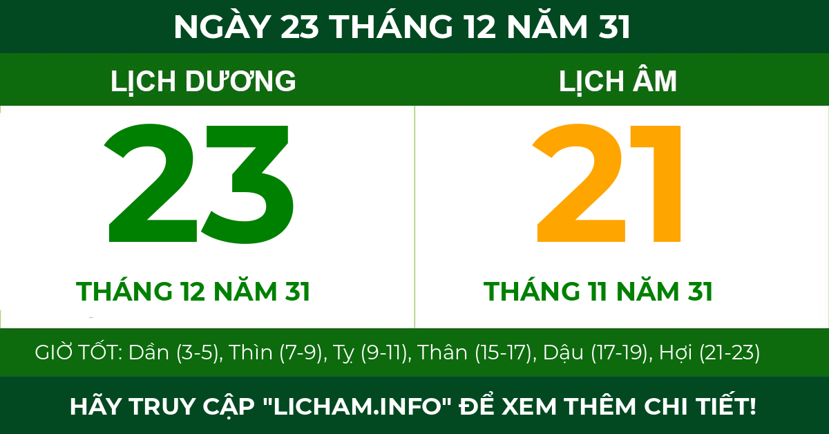 lịch âm ngày 23 tháng 12 năm 31