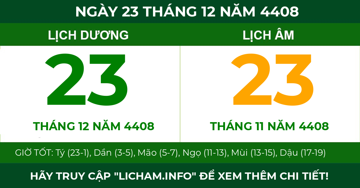 lịch âm ngày 23 tháng 12 năm 4408