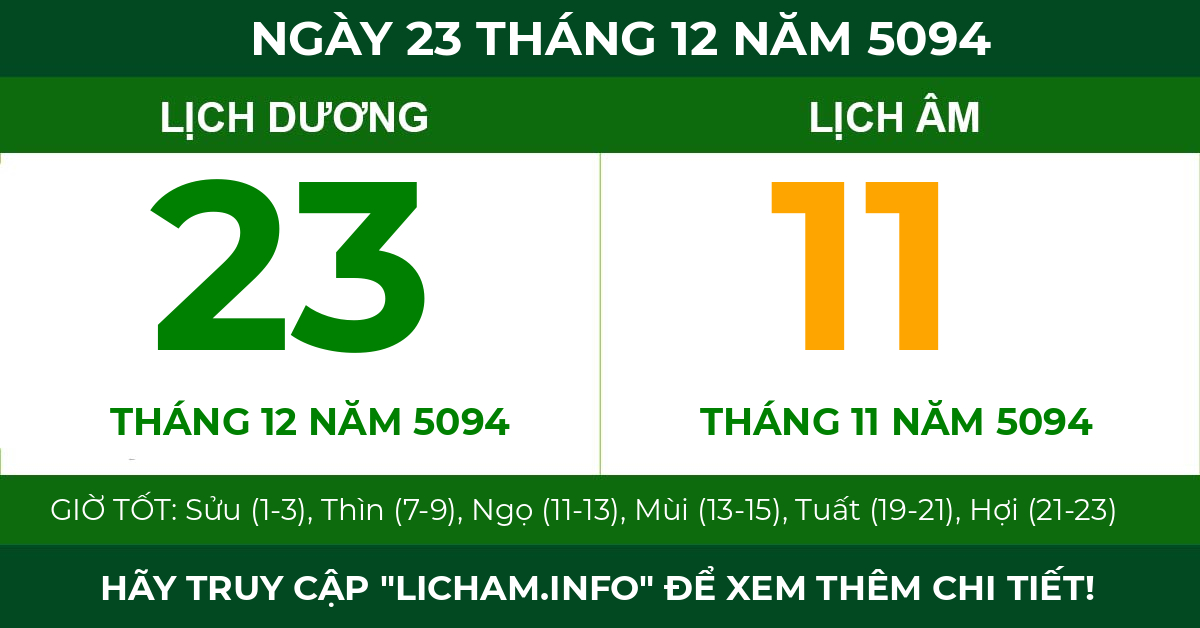 lịch âm ngày 23 tháng 12 năm 5094