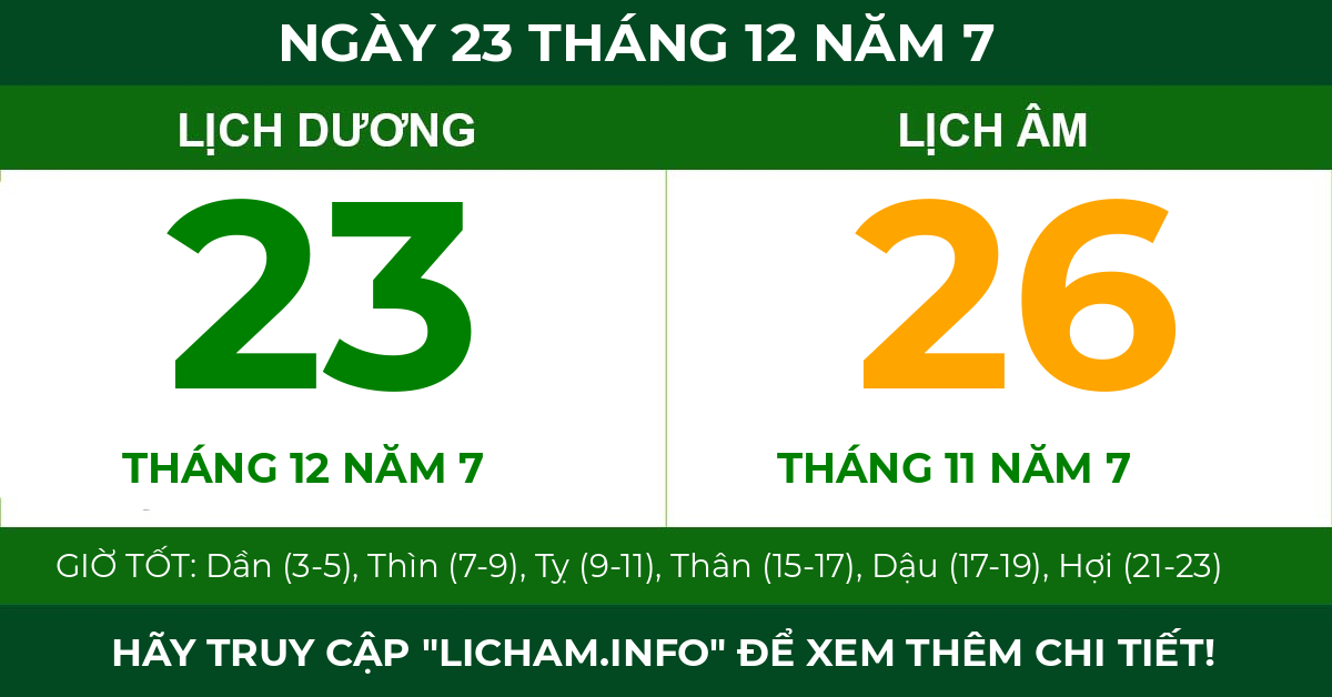 lịch âm ngày 23 tháng 12 năm 7