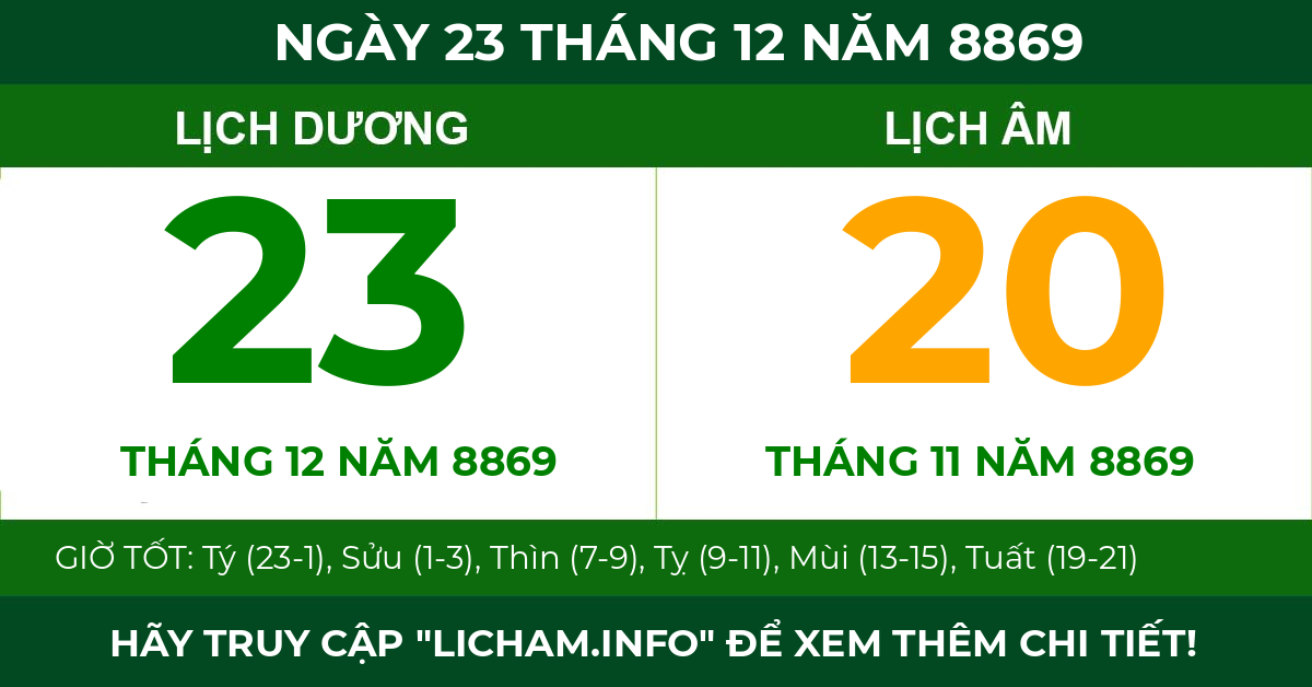 lịch âm ngày 23 tháng 12 năm 8869