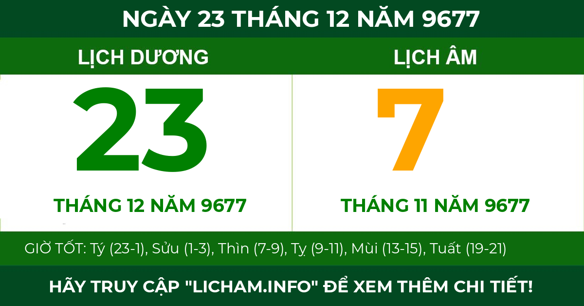 lịch âm ngày 23 tháng 12 năm 9677
