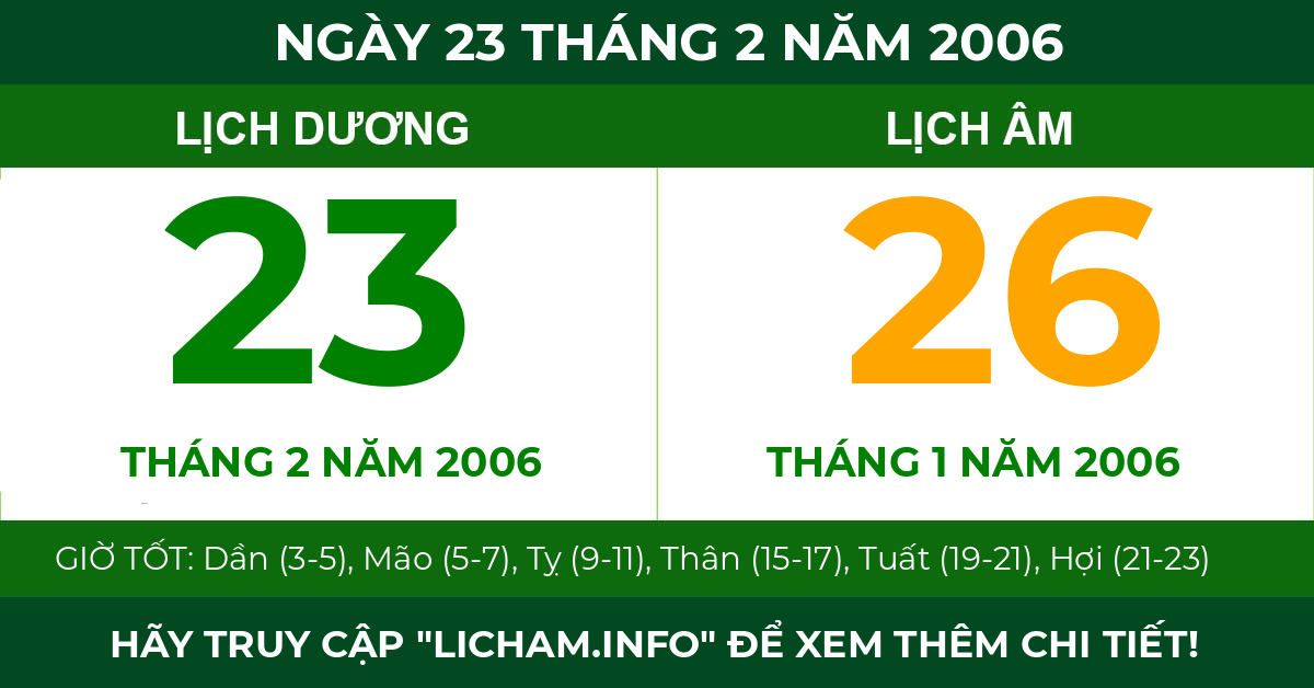 lịch âm ngày 23 tháng 2 năm 2006