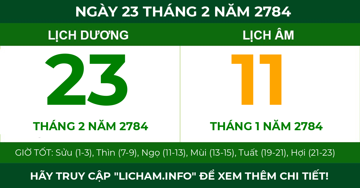 lịch âm ngày 23 tháng 2 năm 2784