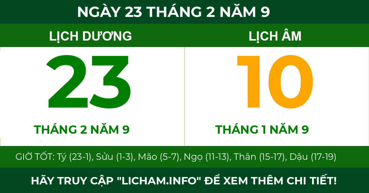 lịch âm ngày 23 tháng 2 năm 9