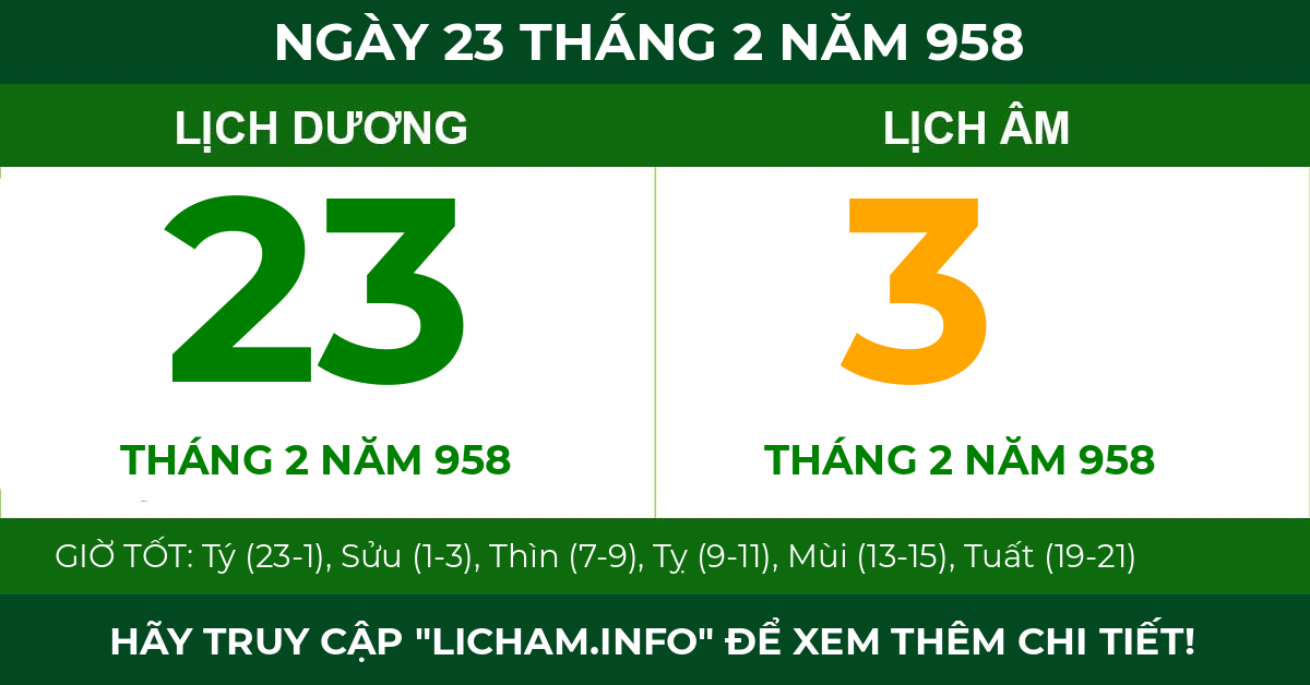 lịch âm ngày 23 tháng 2 năm 958