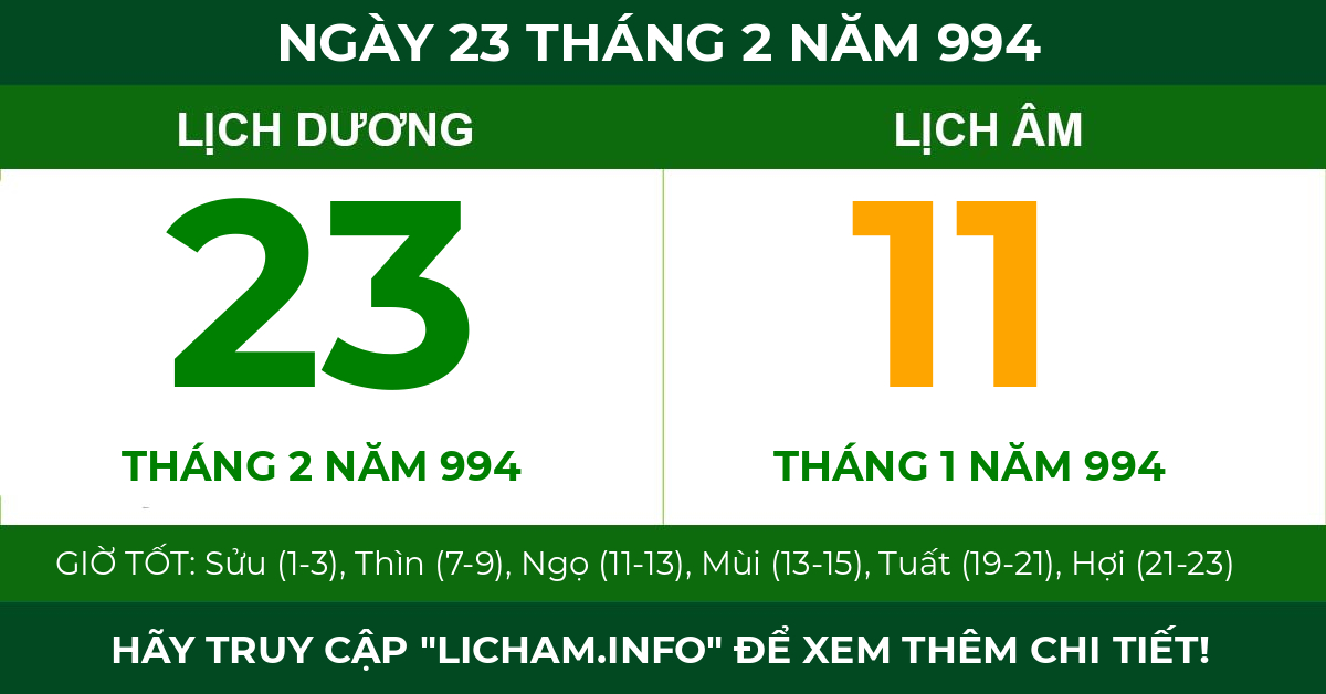 lịch âm ngày 23 tháng 2 năm 994