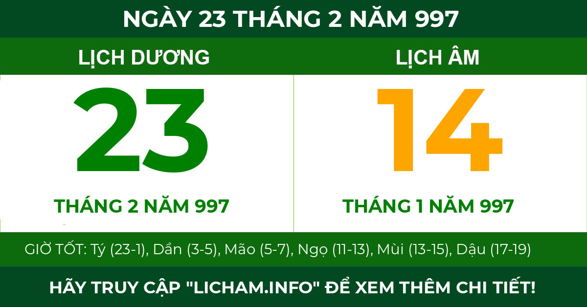 lịch âm ngày 23 tháng 2 năm 997