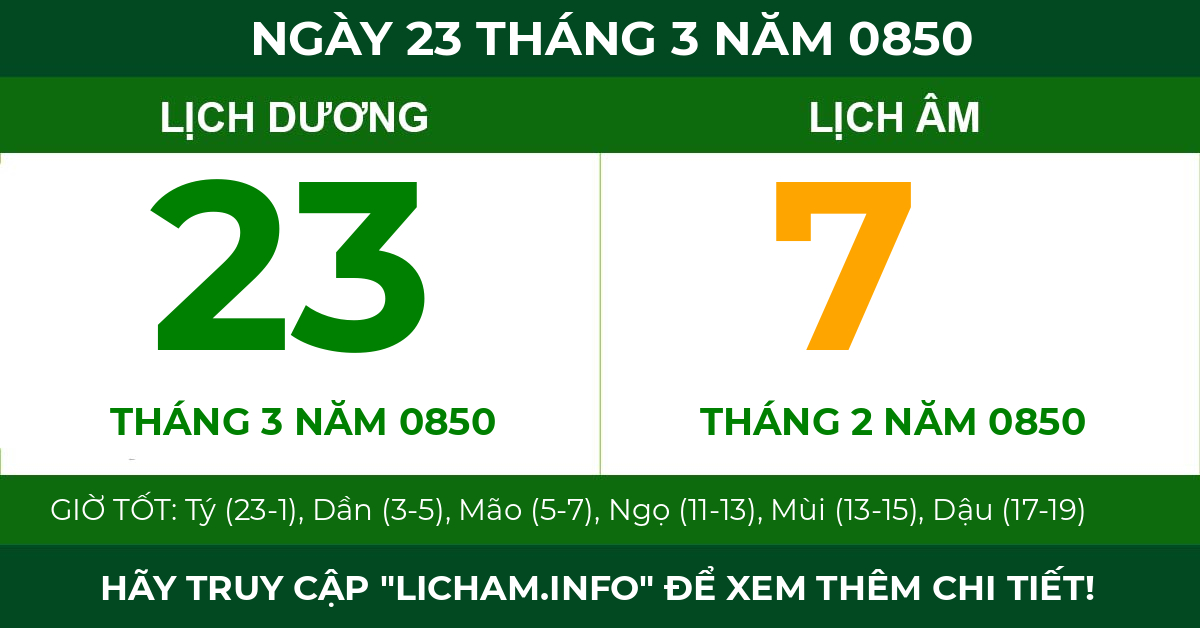 lịch âm ngày 23 tháng 3 năm 0850